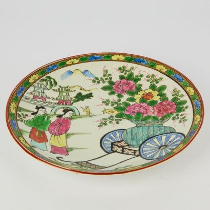 An Japanese Early 20 Century Famille Rose Floral and Figural Dish