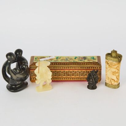A Group of Five Asian and African Carved and Painted Figural Objects
