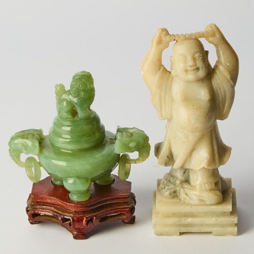 A Chinese 20th Century Carved Jade Figural Ornament and a Carved Jade Censer