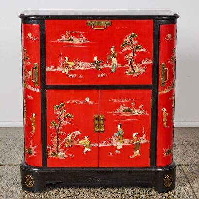 An Early 20th Century Chinese Red-Lacquered Cabinet with Inlaid Figures
