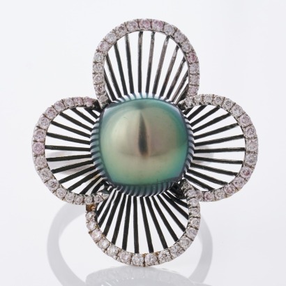 Robert Wan, Modern, 18ct White Gold, Tahitian Pearl / 0.61ct Diamond Flower Ring
