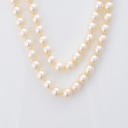 Double Row, 46cm, Akoya Cultured Pearl Necklace with 18ct White Gold, Ruby / Diamond Clasp
