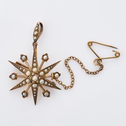 9ct Yellow Gold, Victorian, Seed Pearl Starburst Brooch / Pendant
