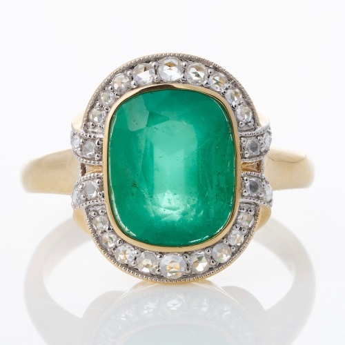18ct Yellow / White Gold, 3.65ct Zambian Emerald / 0.32ct Diamond Cluster Ring - As new