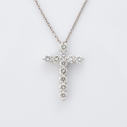 Platinum, 1.50ct Diamond Cross Pendant on Platinum, 45cm Cable Link Chain - As new