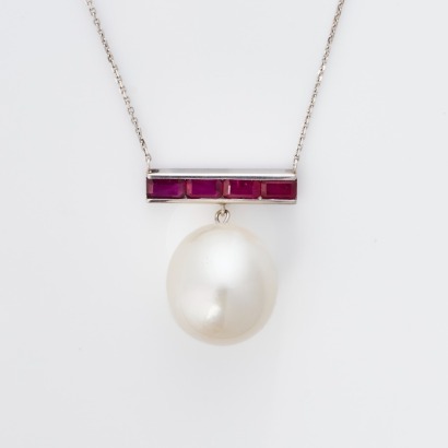 18ct White Gold, 1.33ct Ruby / South Sea Cultured Pearl Pendant on Platinum, 47cm Cable Link Chain - As new