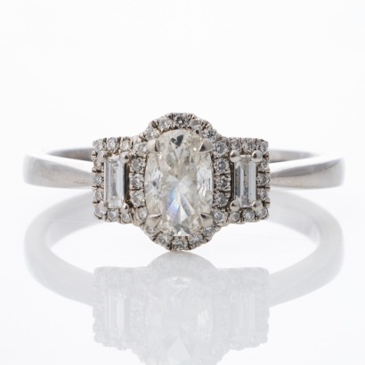 Partridge Jewellers, 18ct White Gold, Modern, 0.35ct Oval Diamond / 0.19ct Diamond Halo Ring