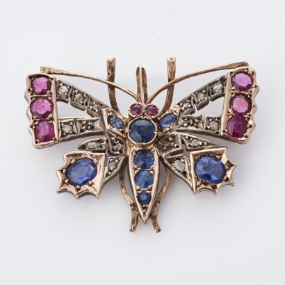 9ct Rose Gold / Silver, Late 19th - Early 20th Century, Sapphire / Ruby / .07ct Diamond Butterfly Brooch