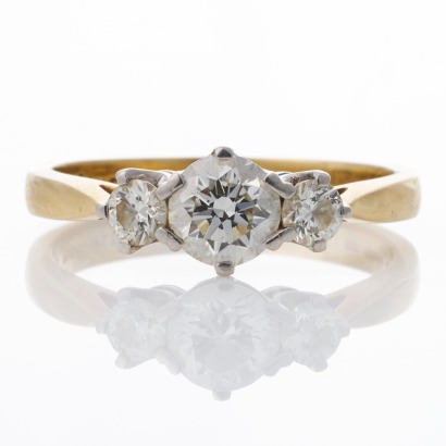 18ct Yellow Gold / Platinum, Vintage, 0.93ct Diamond Three-Stone Ring