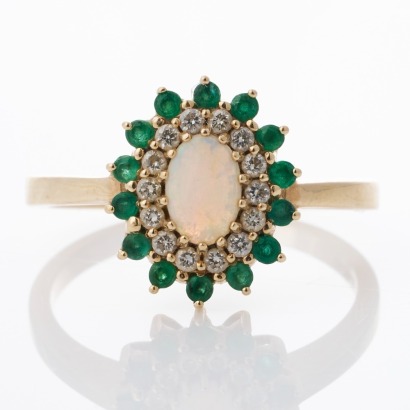 9ct Yellow Gold, Vintage, Cabochon Opal / Emerald / 0.14ct Diamond Cluster Ring