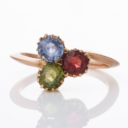 11ct Rose Gold, Vintage, Three-Stone Sapphire / Garnet Gemstone Ring