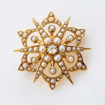 15ct Yellow Gold, Vintage, 0.08ct Diamond / Seed Pearl Starburst Brooch / Pendant with Box