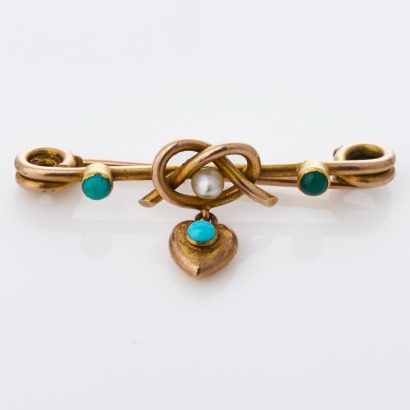 9ct Yellow Gold, Antique, Turquoise / Seed Pearl, Heart Bar Brooch