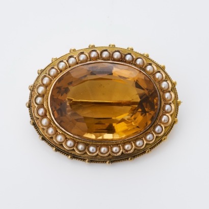 15ct Yellow Gold, Antique, 80.00ct Citrine / Seed Pearl Brooch, Dated 1886