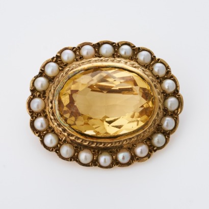 9ct Yellow Gold, Antique, 23.00ct Citrine / Seed Pearl Brooch / Pendant