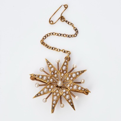 14ct Yellow Gold, Starburst Seed Pearl Brooch / Pendant