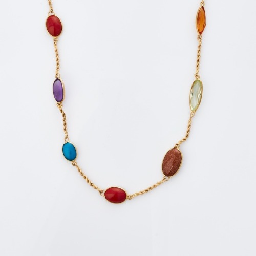 126cm, 18ct Yellow Gold, Amethyst / Coloured Glass, Rope-Link Station Necklace