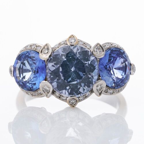 18ct White Gold, 8.77ct Sapphire / 0.31ct Diamond Triple Cluster Ring