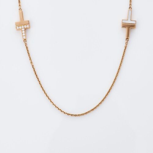 Tiffany & Co, 85cm, 18ct Rose Gold, 0.80ct Diamond / Mother of Pearl Station Necklace with Box