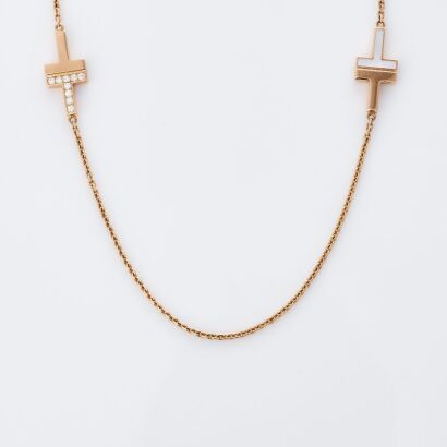 Tiffany & Co, 85cm, 18ct Rose Gold, 0.80ct Diamond / Mother of Pearl Station Necklace with Box