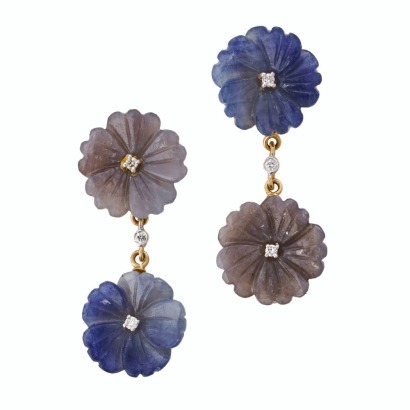 18ct Yellow Gold, Carved Sapphire / 0.08ct Diamond Drop Earrings