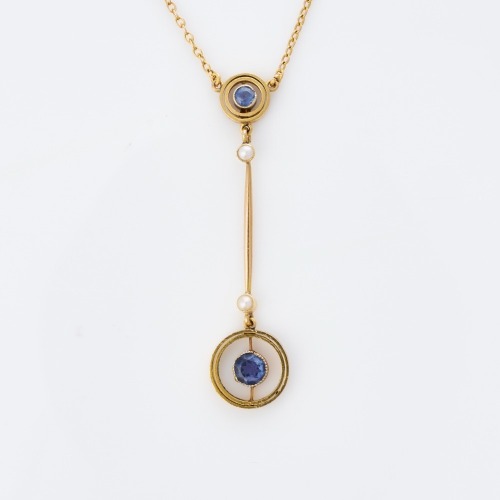 10ct Yellow Gold, Edwardian Style, Sapphire / Seed Pearl Pendant on 45cm Cable Link Necklace