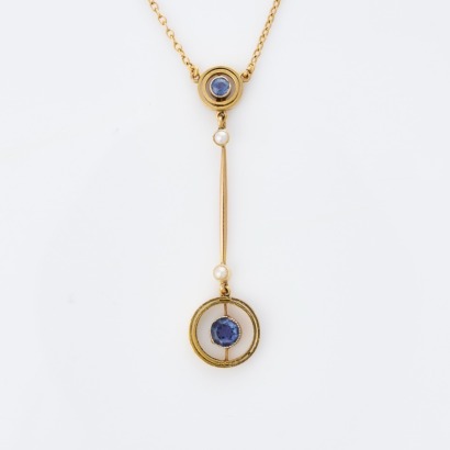 10ct Yellow Gold, Edwardian Style, Sapphire / Seed Pearl Pendant on 45cm Cable Link Necklace