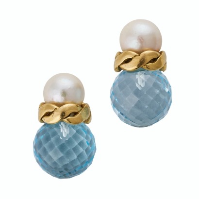 Kiki McDonough, 18ct Yellow Gold, 12mm Blue Topaz / 8.0mm Pearl Earrings