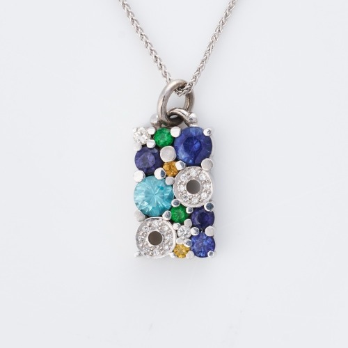Carats Design, Modern, 18ct White Gold, Multi-Gem Pendant on 50cm Necklace