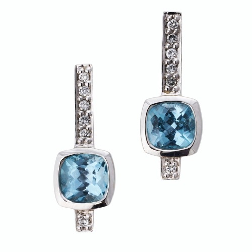 14ct White Gold, Blue Topaz / 0.12ct Diamond Drop Earrings