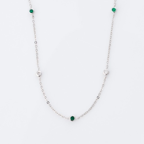 18ct White Gold, Modern, 0.09ct Emerald / 0.05ct Diamond Necklace