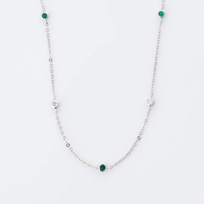 18ct White Gold, Modern, 0.09ct Emerald / 0.05ct Diamond Necklace