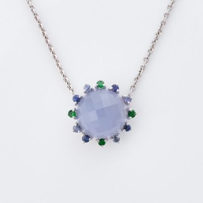 18ct White Gold, Blue Chalcedony / Multi-Gem Pendant on 39cm Cable Link Necklace