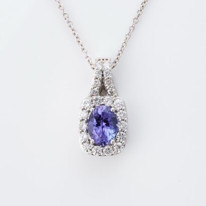 14ct White Gold, 1.30ct Tanzanite / 0.80ct Diamond Cluster Pendant on 50cm, 9ct White Gold, Trace Chain
