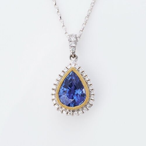 18ct Yellow Gold / Platinum, 2.33ct Sapphire / 0.21ct Diamond Cluster Pendant on 50cm Trace Chain