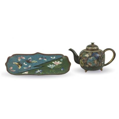 A Japanese Meiji Period Standard Cloisonne Pintray and Small Teapot 