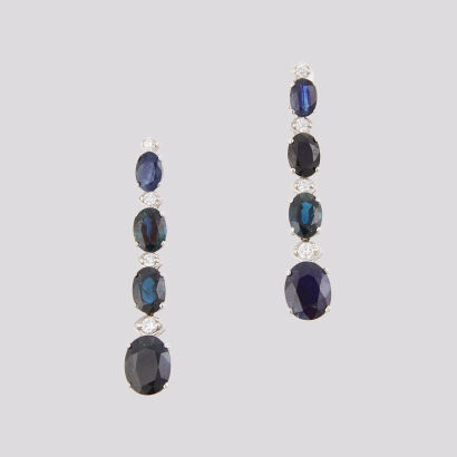 14ct White Gold, Graduated Sapphire / 0.16cts Diamond Drop Earrings