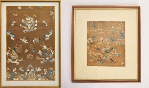 A Set of Two Chinese 19th Century Dragon-Embroidered Panels