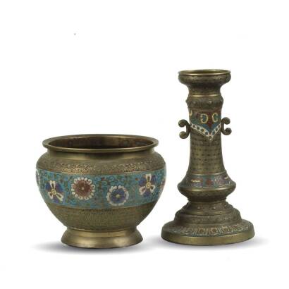 Two Oriental Enamel and Brass Pieces, Lamp Base and Jardinere