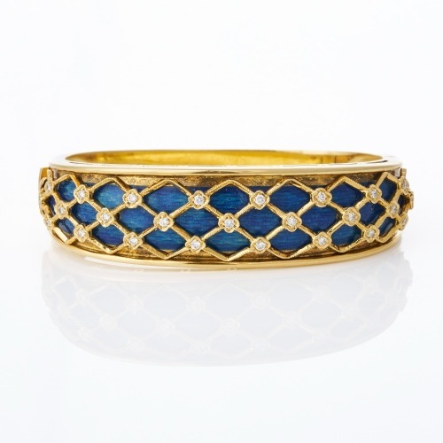 18ct Yellow Gold, Italian Made, Blue Enamel / 0.25ct Diamond Bracelet