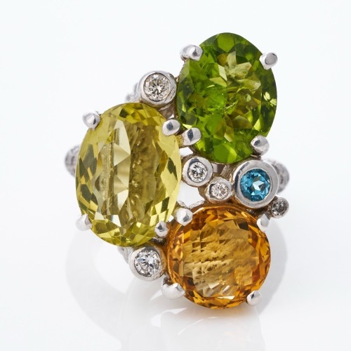 18ct White Gold, Multi-Gemstone, Quartz, Peridot, Topaz / 1.10ct Diamond Cluster Ring
