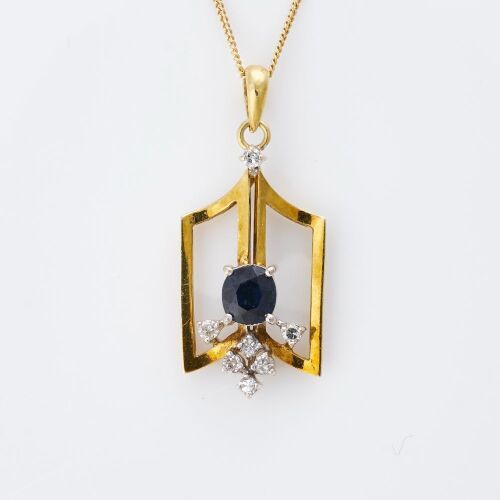14ct Yellow Gold, Sapphire / Diamond Pendant on a 45cm Gold Plated, Silver Chain