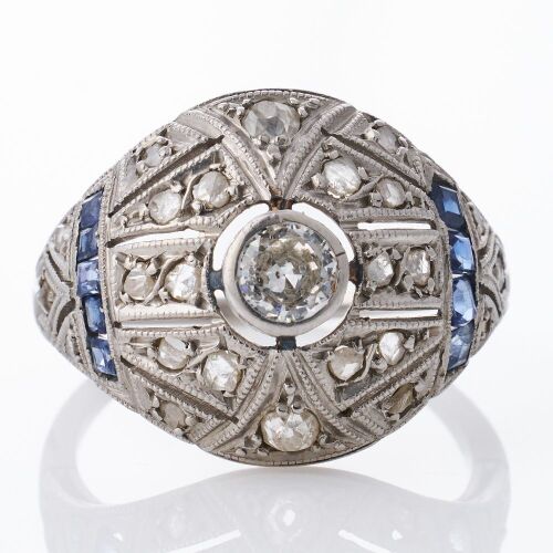 Platinum, Art Deco, Sapphire / 0.32ct Diamond Ring