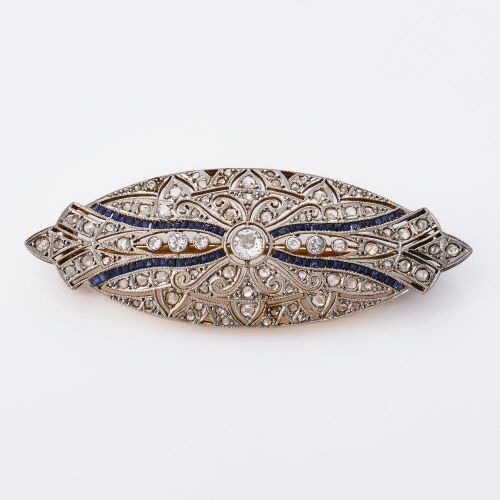 Platinum / Gold, Art Deco, Sapphire / 0.74ct Diamond Navette Brooch