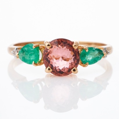 14ct Yellow Gold, 1.97ct Tourmaline / 0.80ct Emerald / 0.04ct Diamond Ring