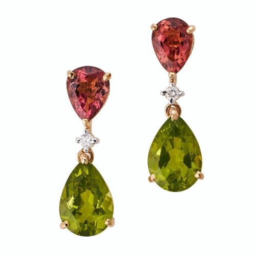 14ct Yellow Gold, 4.13ct Peridot / 1.90ct Tourmaline / 0.06ct Diamond Earrings