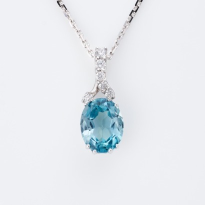 9ct White Gold, Oval Blue Topaz / 0.13ct Diamond Pendant on 52cm Cable Link Chain