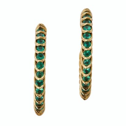 18ct Yellow Gold, Full Circle Set, Green Coloured Stone Hoop Earrings