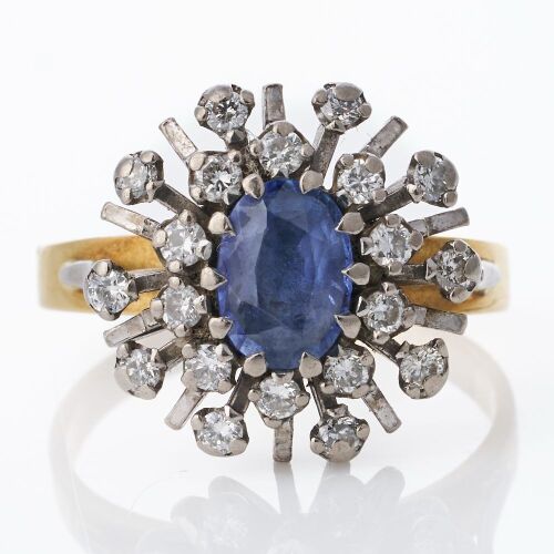 18ct Yellow / White Gold, 1.00ct Sapphire / 0.40ct Diamond Cluster Ring