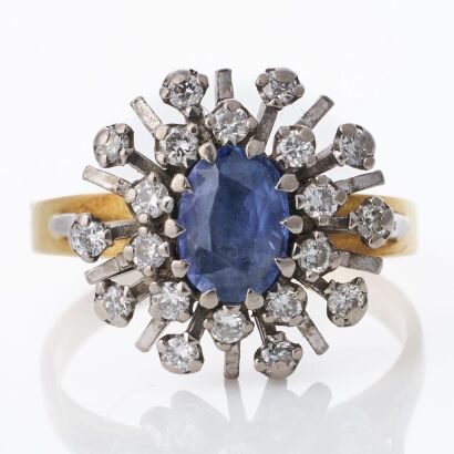 18ct Yellow / White Gold, 1.00ct Sapphire / 0.40ct Diamond Cluster Ring